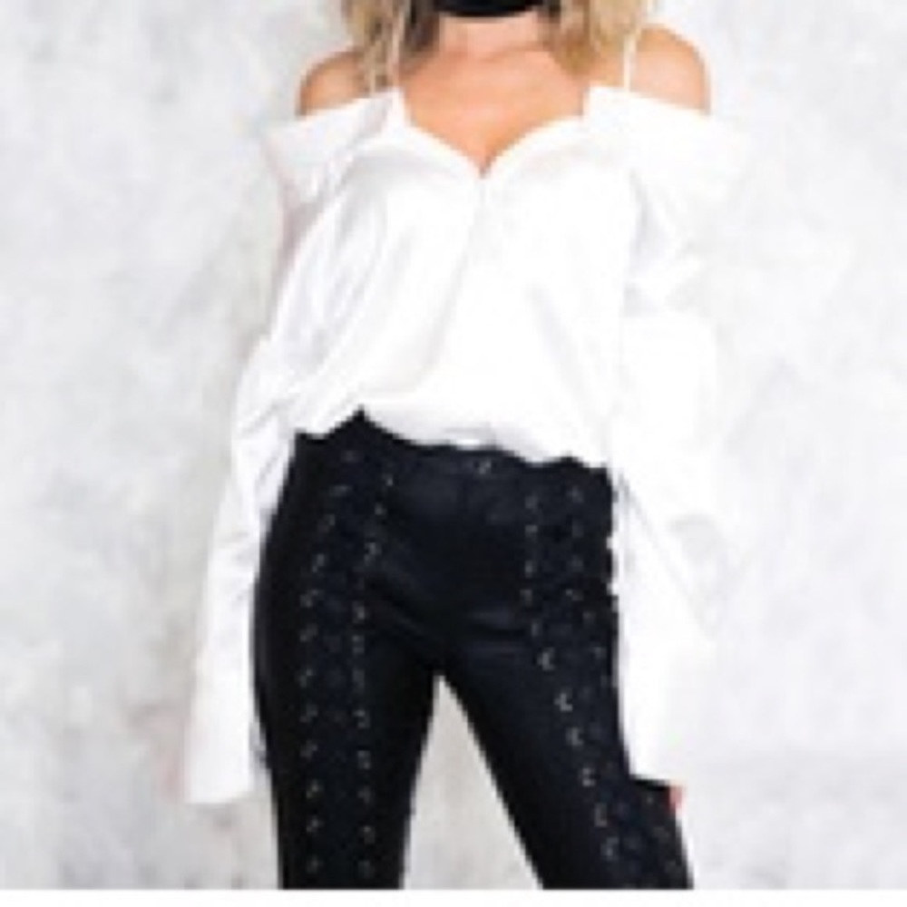 White Satin Off Shoulder Button Down Blouse